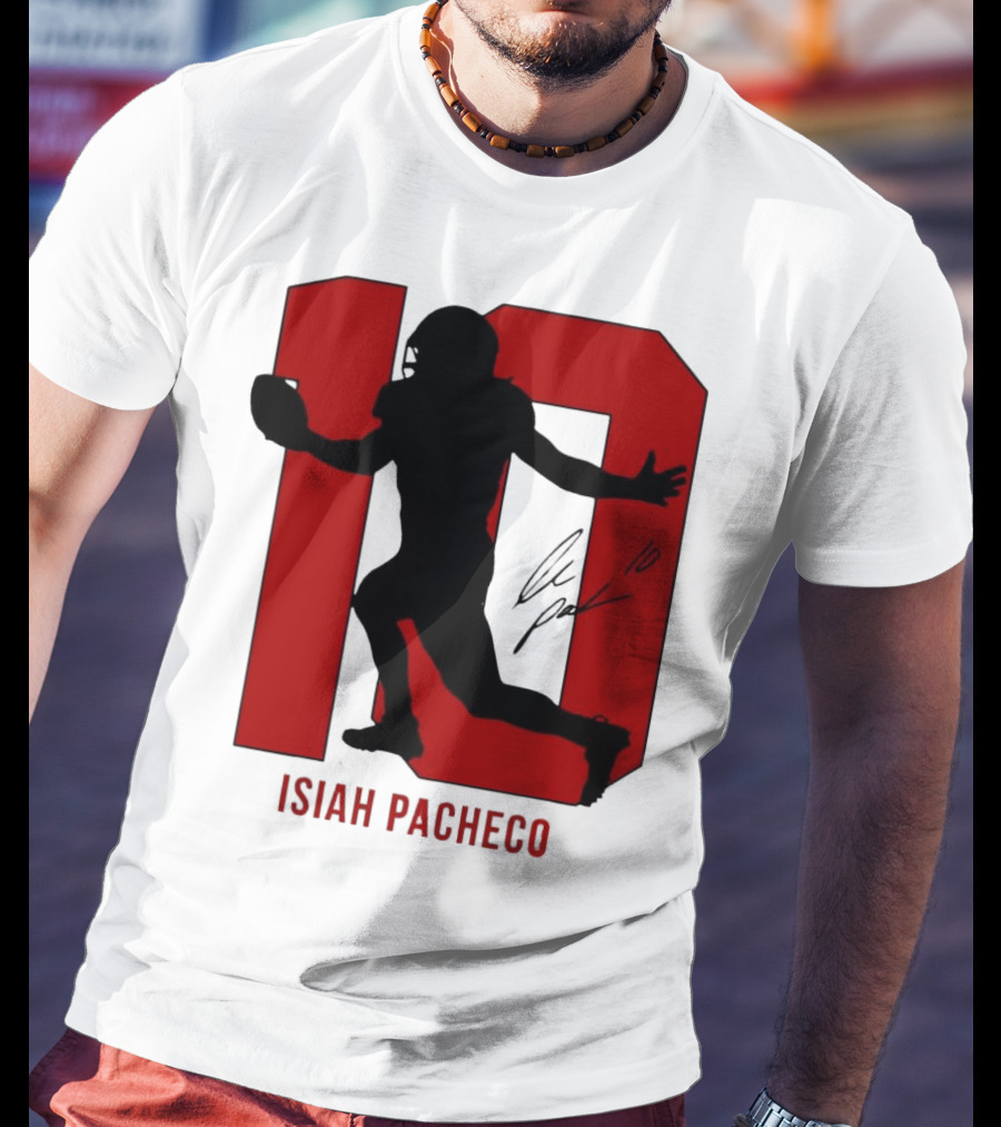 Isiah Pacheco Number 10 Kansas City Chiefs Silo Signature Action T-Shirt