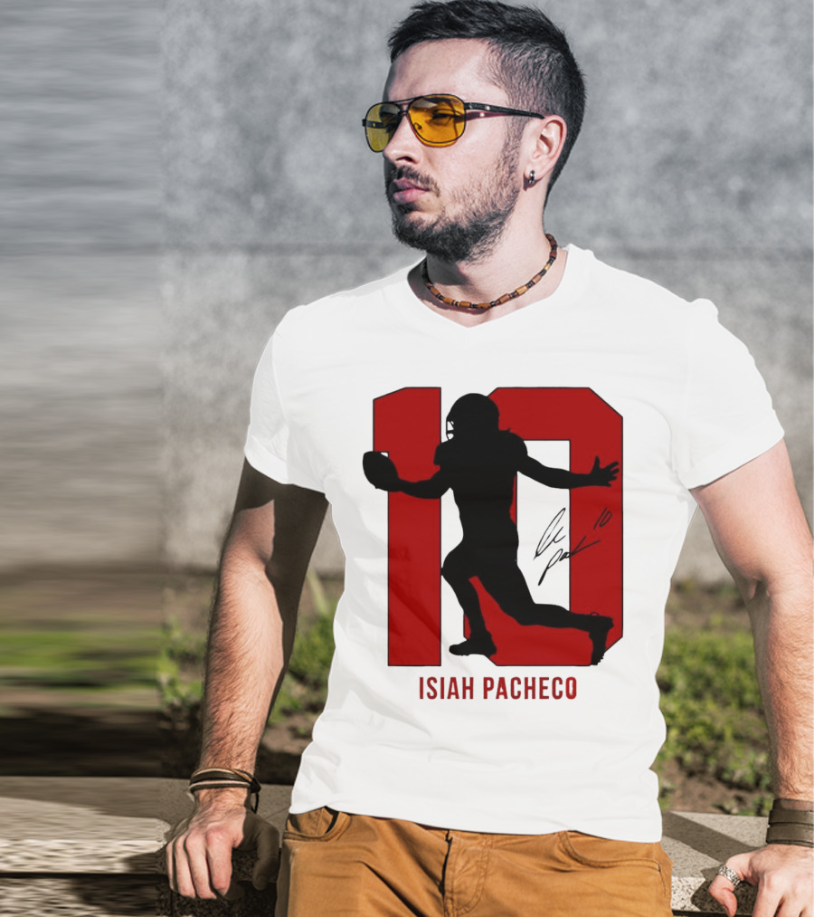 Isiah Pacheco Number 10 Kansas City Chiefs Silo Signature Action T-Shirt
