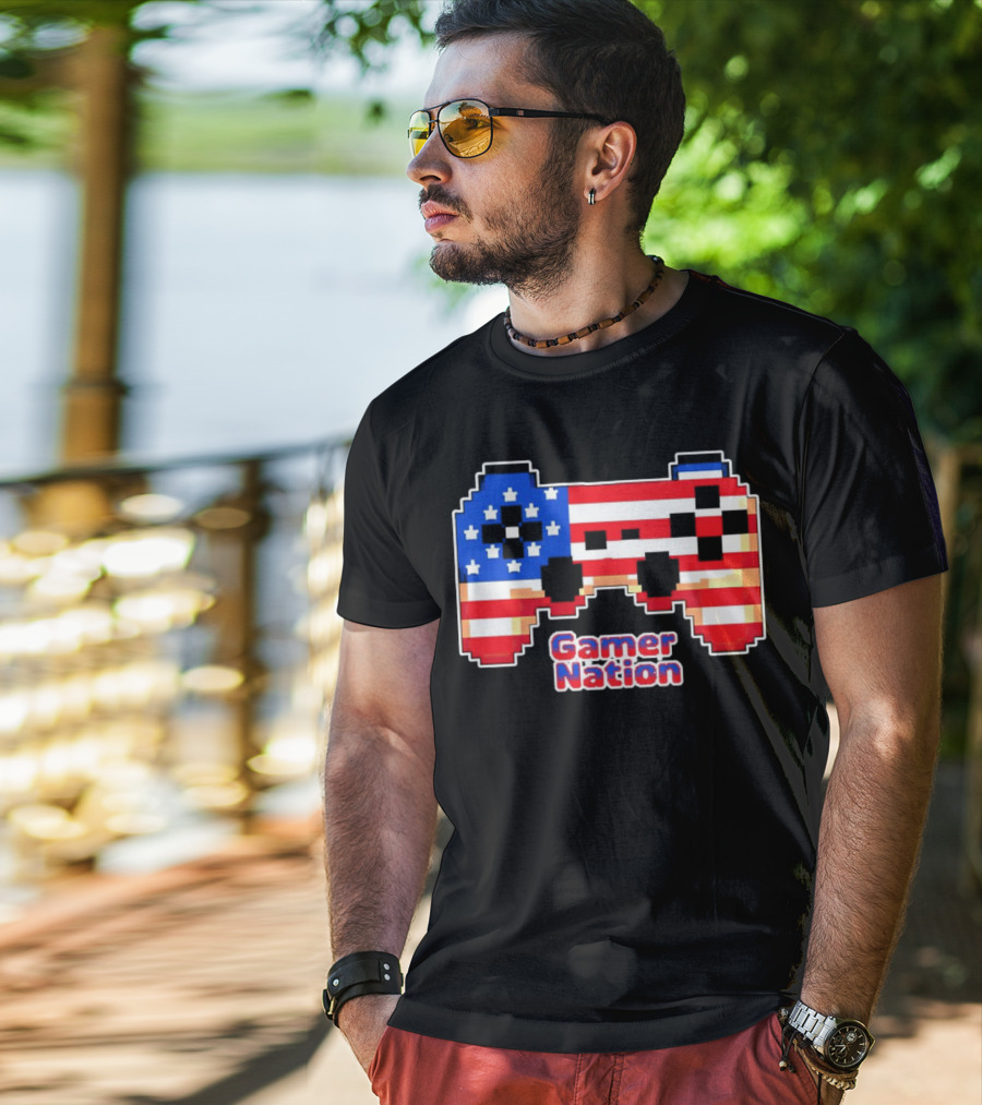 American Flag Pixel Art Gamer Nation Controller T-Shirt
