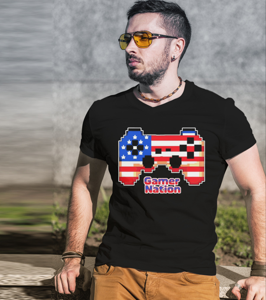 American Flag Pixel Art Gamer Nation Controller T-Shirt