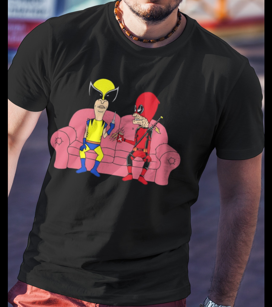 Beavis And Butt-Head X Deadpool And Wolverine Characters Crossover Cartoon Sitting On Couch T-Shirt