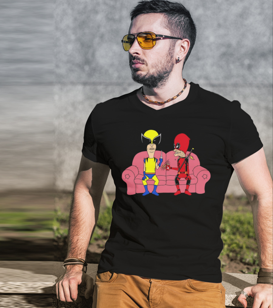 Beavis And Butt-Head X Deadpool And Wolverine Characters Crossover Cartoon Sitting On Couch T-Shirt