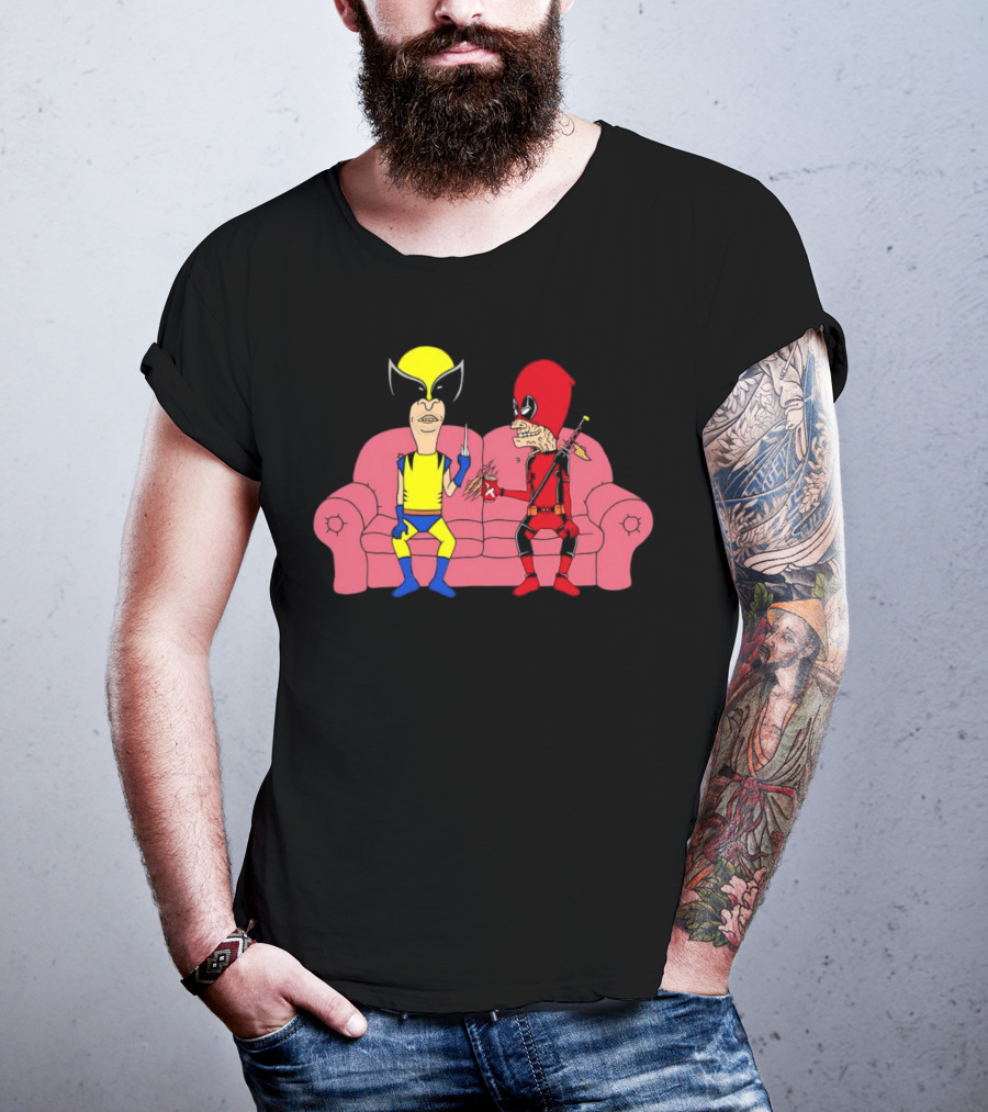 Beavis And Butt-Head X Deadpool And Wolverine Characters Crossover Cartoon Sitting On Couch T-Shirt