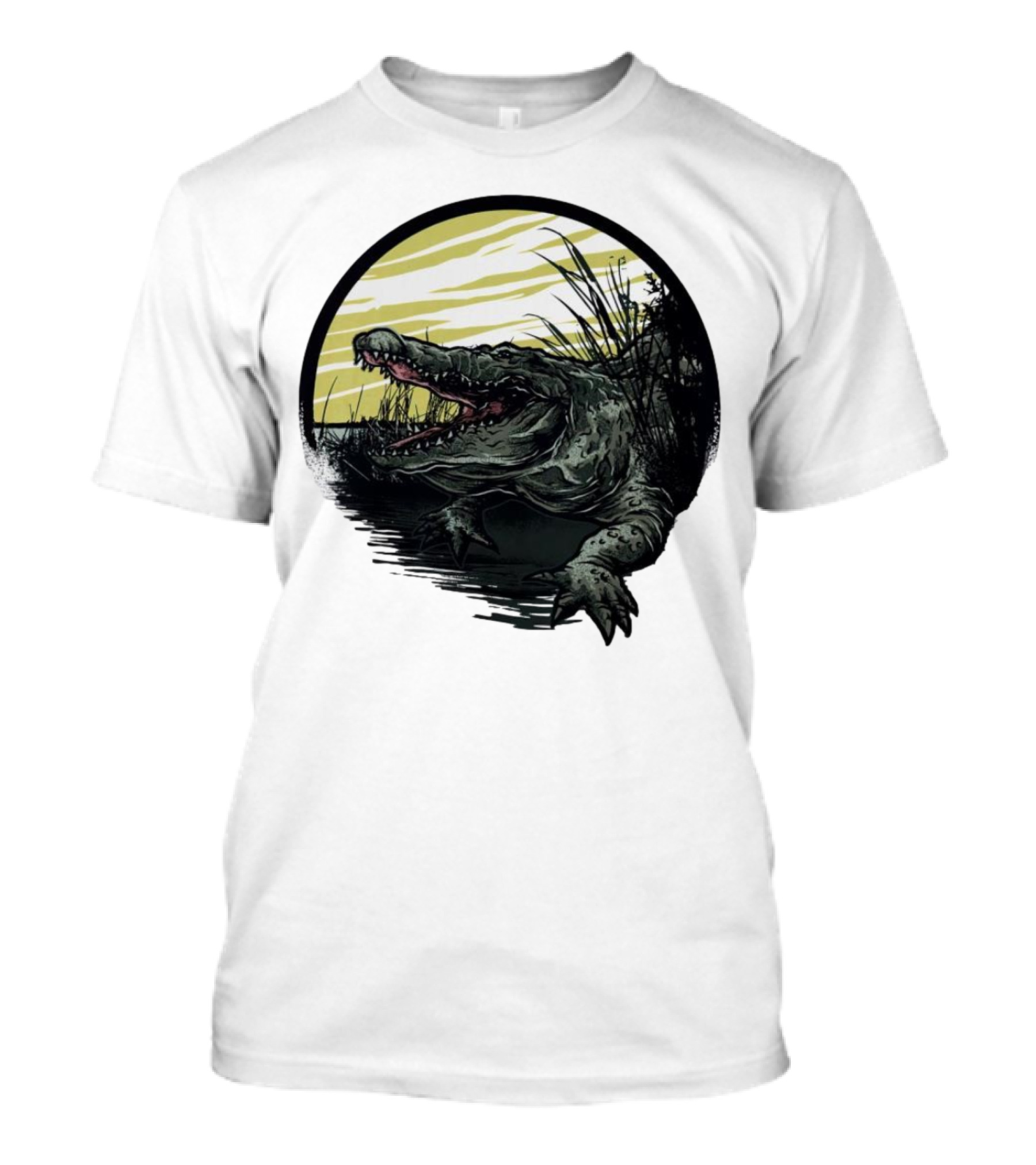 Crocodile Emerging From Water With Yellow Sky And Reeds T-Shirt