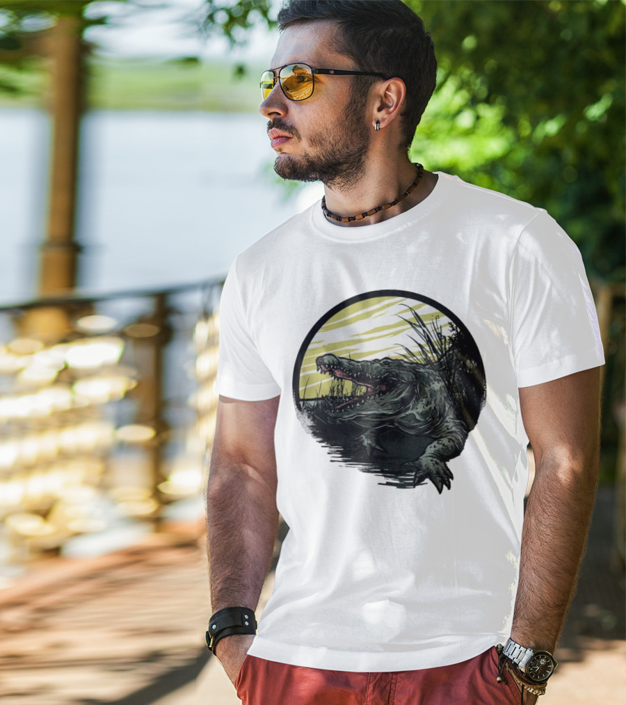 Crocodile Emerging From Water With Yellow Sky And Reeds T-Shirt