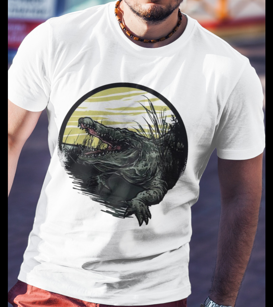 Crocodile Emerging From Water With Yellow Sky And Reeds T-Shirt
