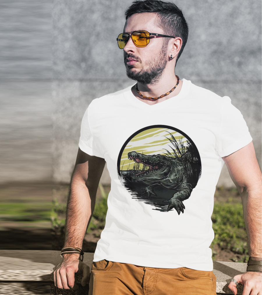 Crocodile Emerging From Water With Yellow Sky And Reeds T-Shirt