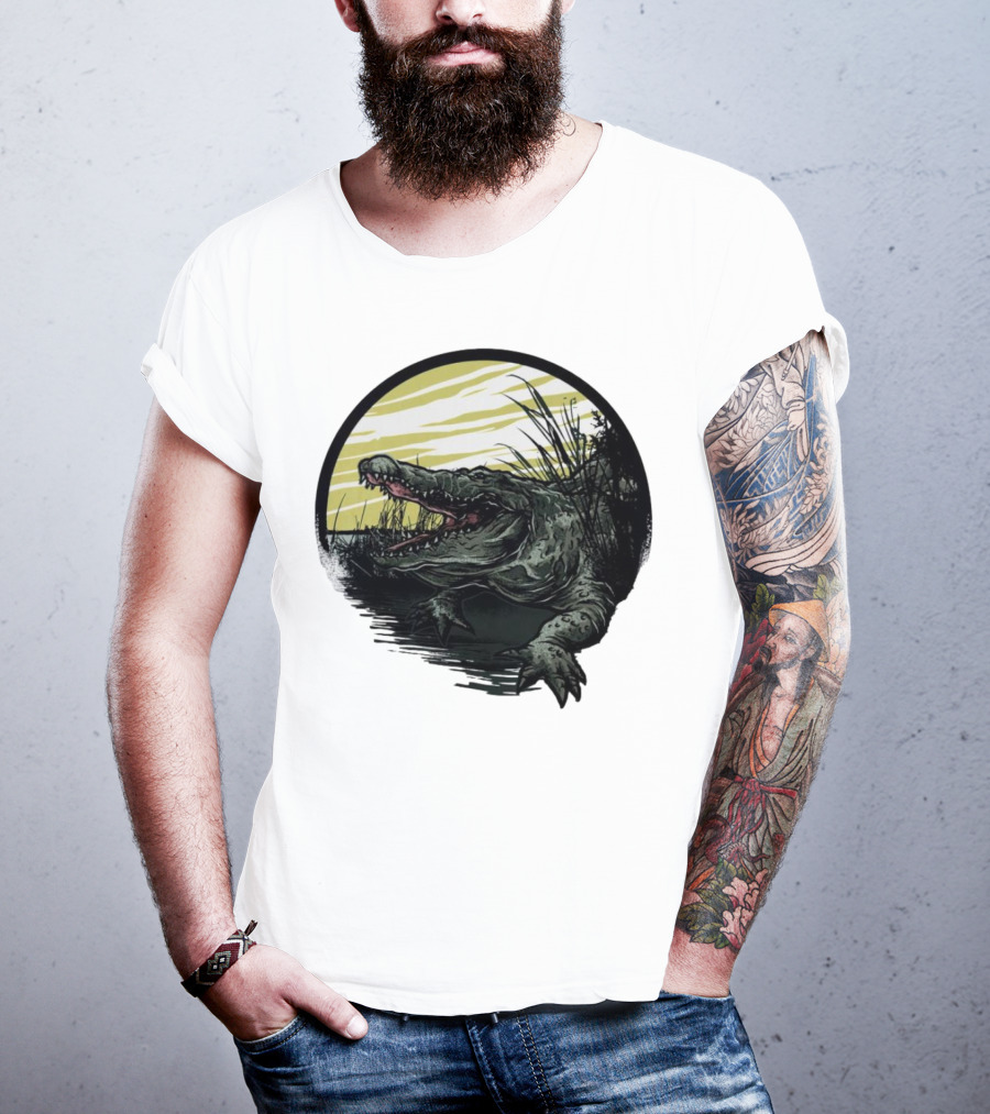 Crocodile Emerging From Water With Yellow Sky And Reeds T-Shirt