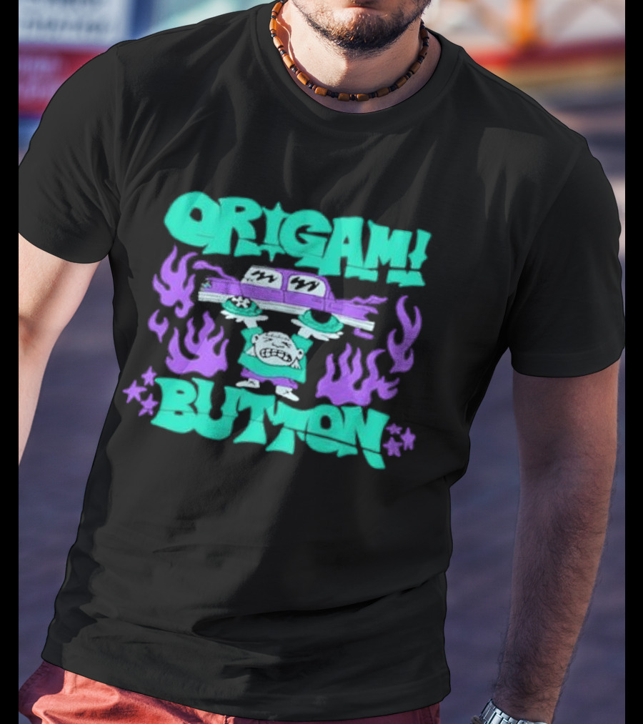 ORIGAMI BUTTON Car Guy Flame T-Shirt