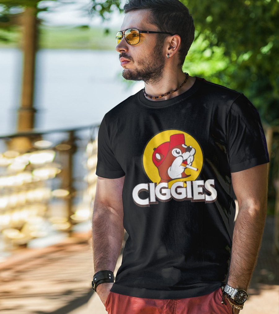 Ciggies Beanie Cap Cartoon Rodent Smoking T-Shirt