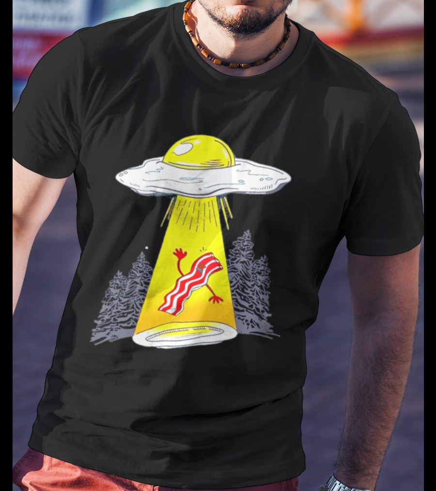 Wonder Nation Alien Breakfast Egg UFO Beaming Up A Walking Bacon Slice In Forest T-Shirt
