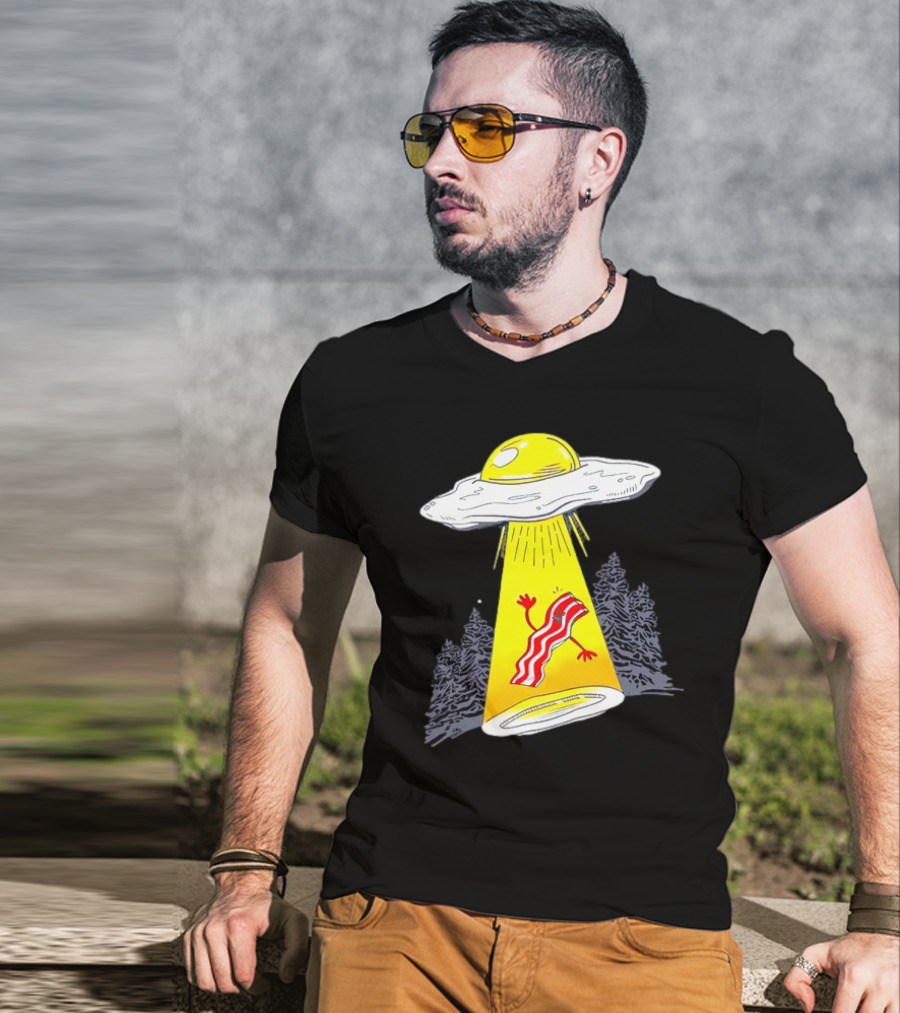 Wonder Nation Alien Breakfast Egg UFO Beaming Up A Walking Bacon Slice In Forest T-Shirt