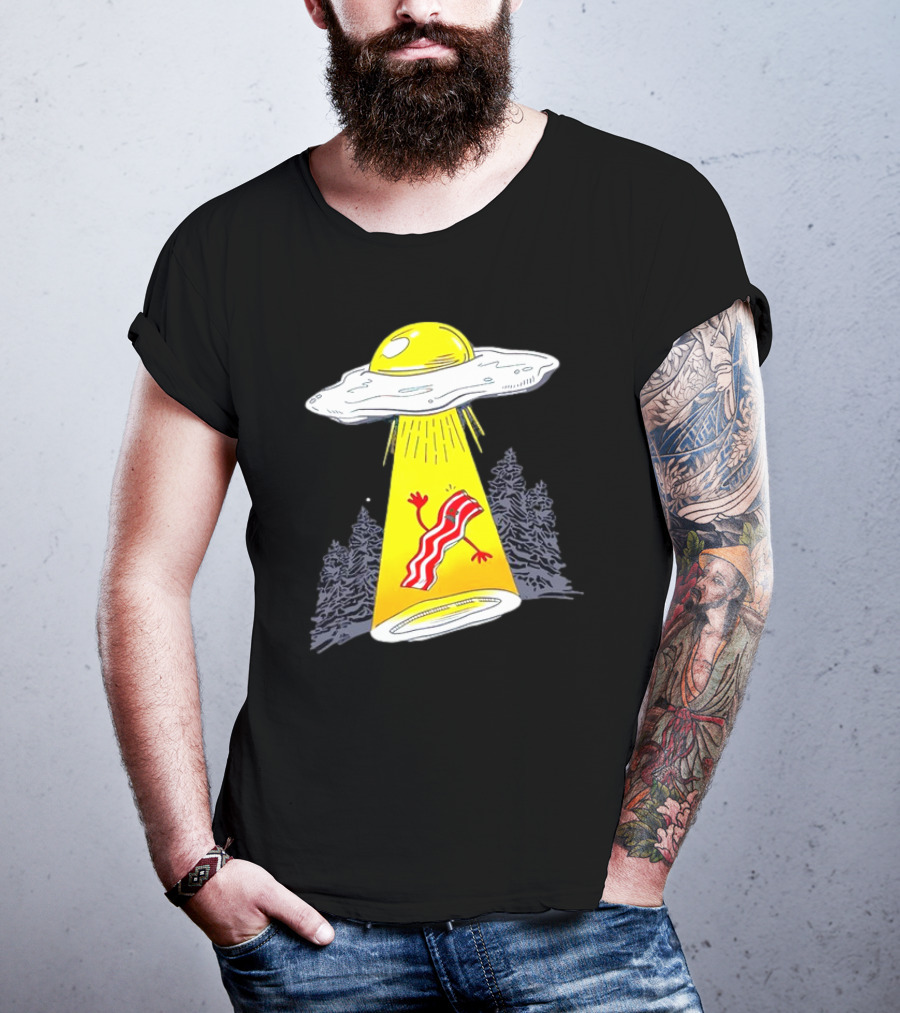 Wonder Nation Alien Breakfast Egg UFO Beaming Up A Walking Bacon Slice In Forest T-Shirt