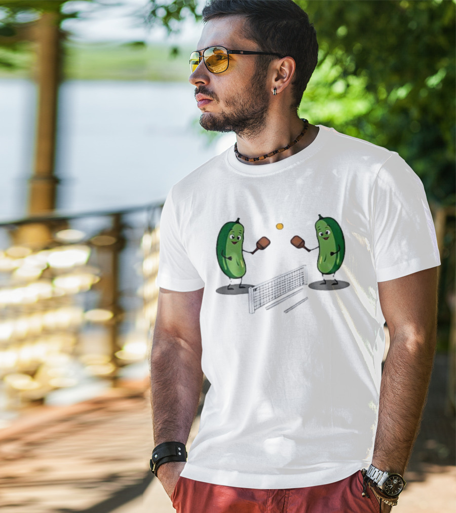 Pickles Playing Pickleball With Smiling Characters And Paddles T-Shirt