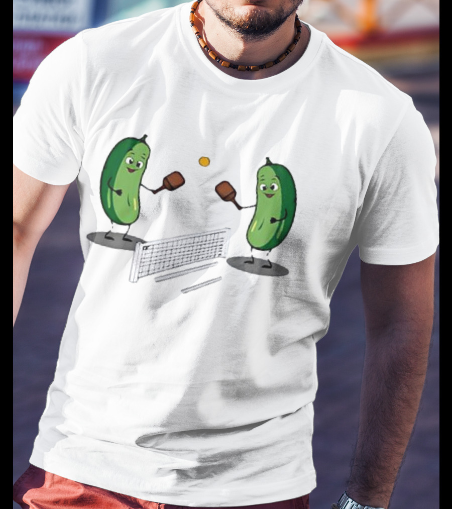 Pickles Playing Pickleball With Smiling Characters And Paddles T-Shirt