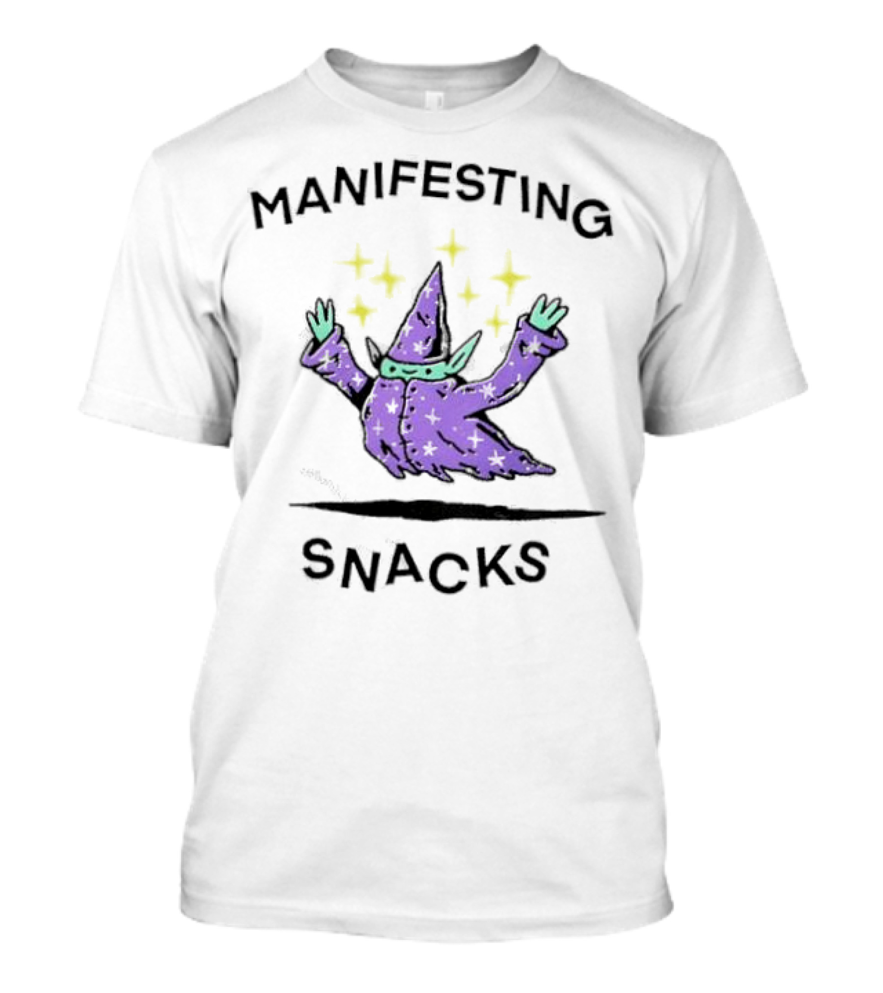 Manifesting Snacks Flying Wizard With Stars T-Shirt