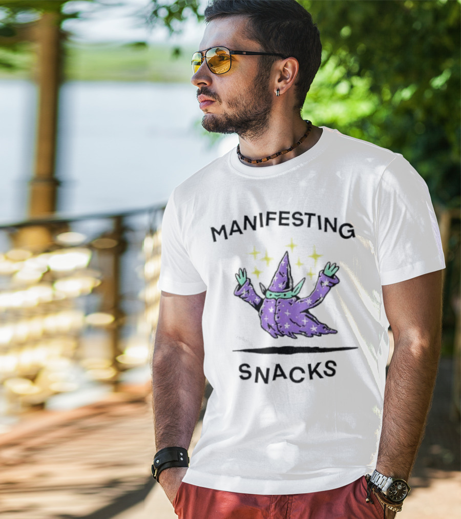 Manifesting Snacks Flying Wizard With Stars T-Shirt