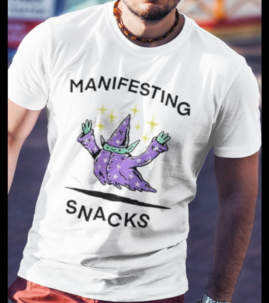 Manifesting Snacks Flying Wizard With Stars T-Shirt