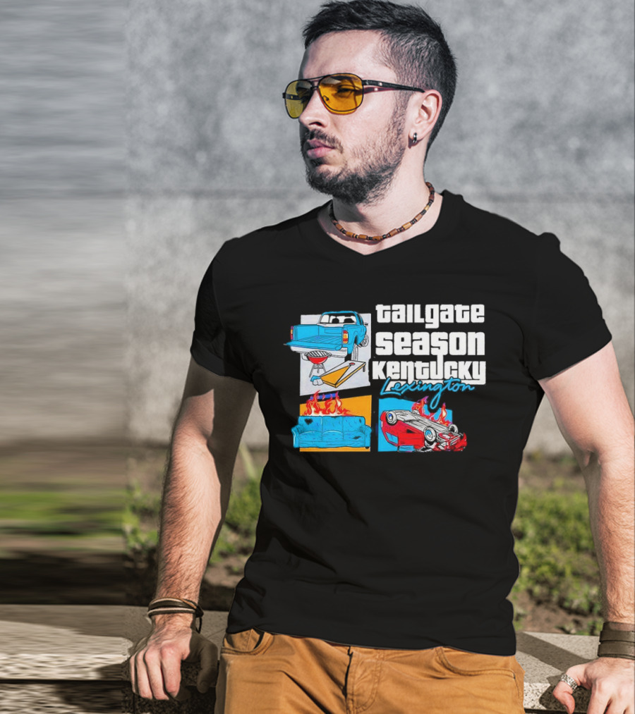 Tailgate Season Kentucky Lexington Truck BBQ Couch Fire Car Flip T-Shirt