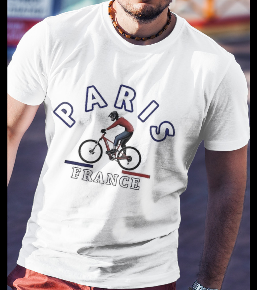 PARIS FRANCE BICYCLE RIDER IN RED AND BLUE T-Shirt