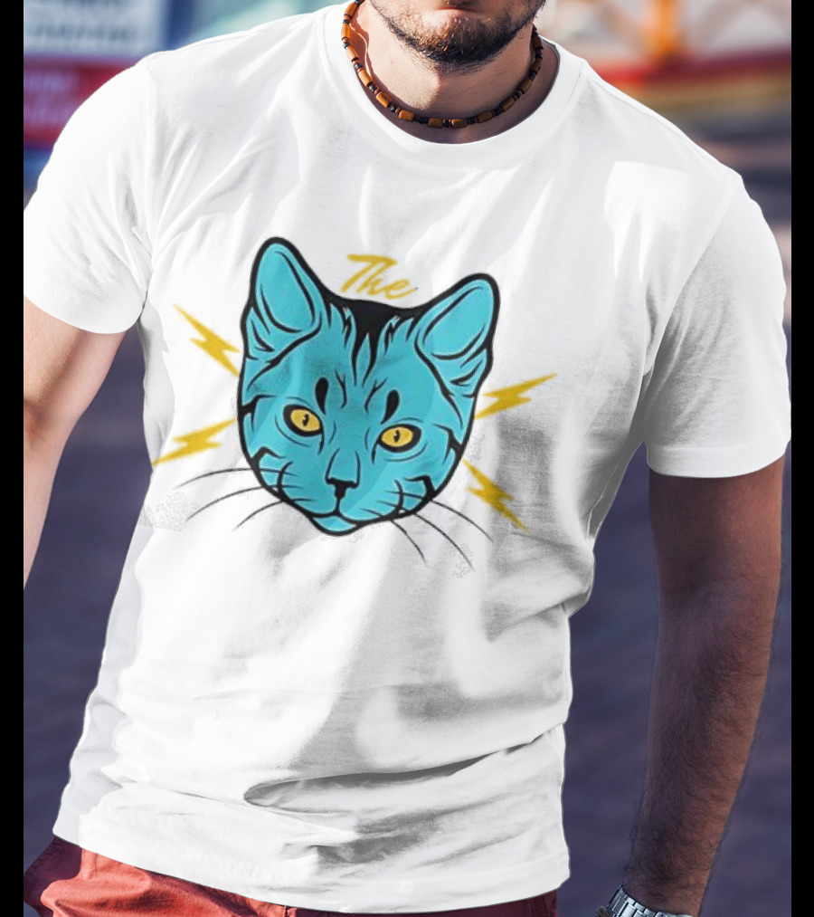 The Cat Thunder Studio Blue Cat Head With Yellow Lightning Bolts T-Shirt