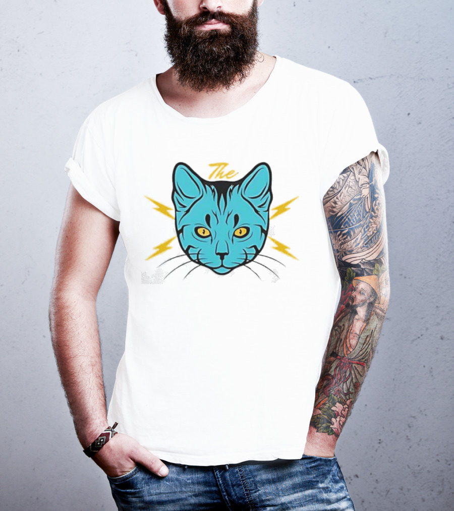 The Cat Thunder Studio Blue Cat Head With Yellow Lightning Bolts T-Shirt