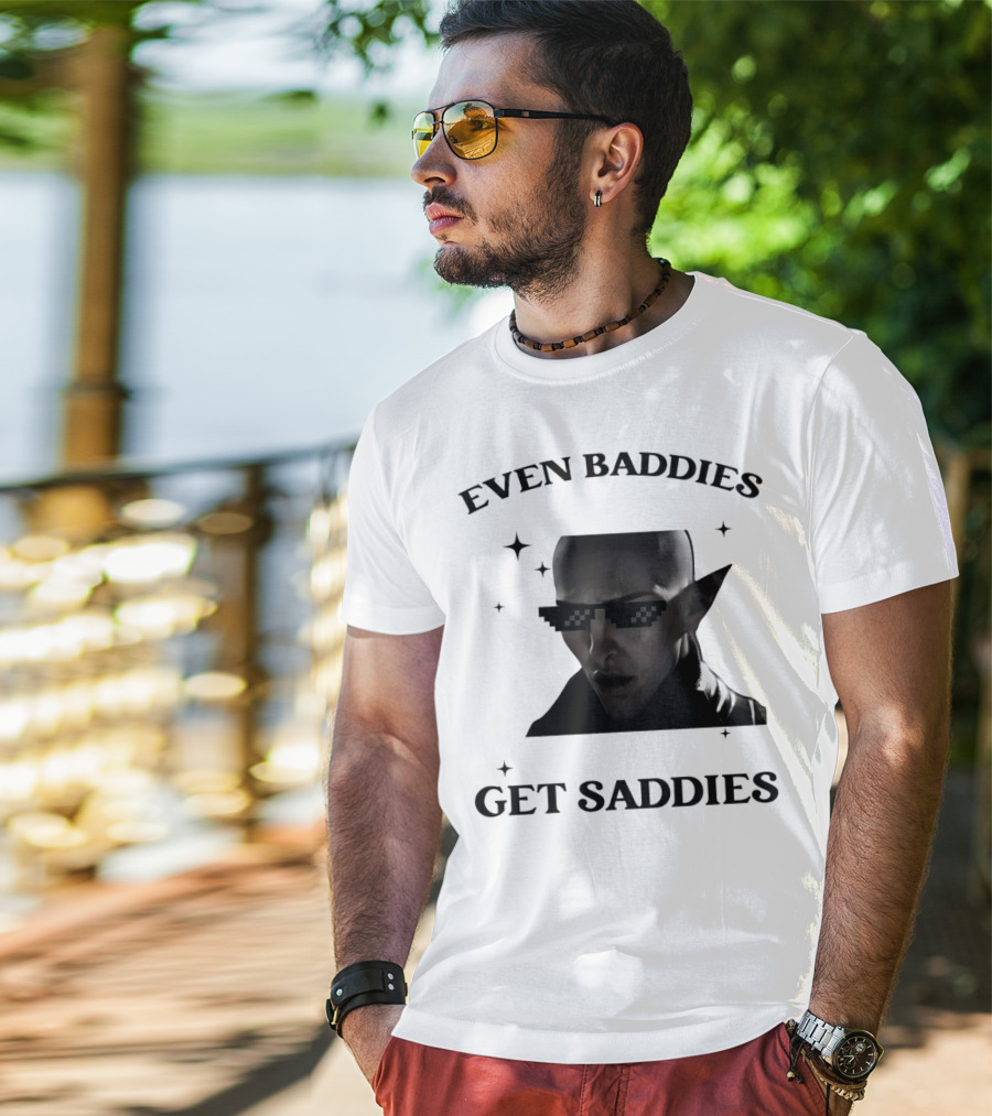 Even Baddies Get Saddies Pixelated Sunglasses Bald Elf Character T-Shirt