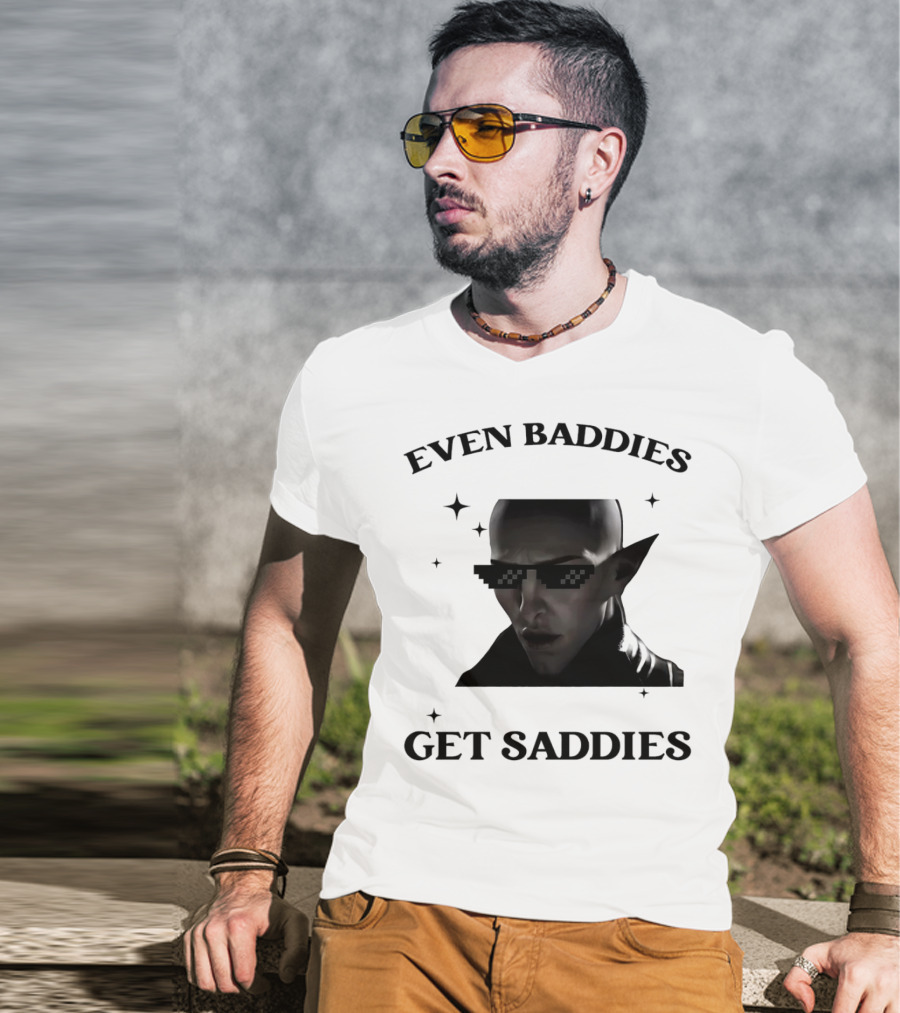 Even Baddies Get Saddies Pixelated Sunglasses Bald Elf Character T-Shirt