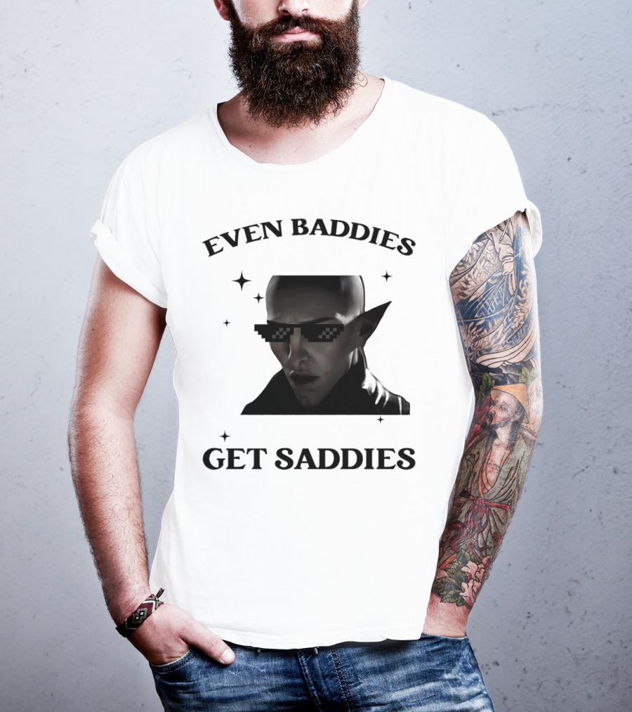 Even Baddies Get Saddies Pixelated Sunglasses Bald Elf Character T-Shirt