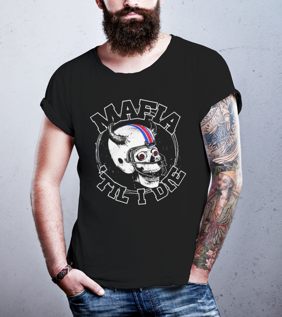 Mafia ‘Til I Die Skull Wearing Football Helmet With Horns And Red Blue Stripe T-Shirt
