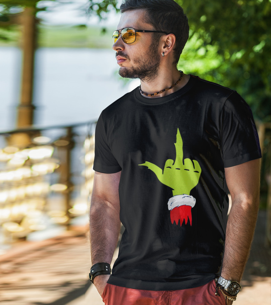 Grinch Middle Finger Merry Christmas Santa Hand Gesture T-Shirt