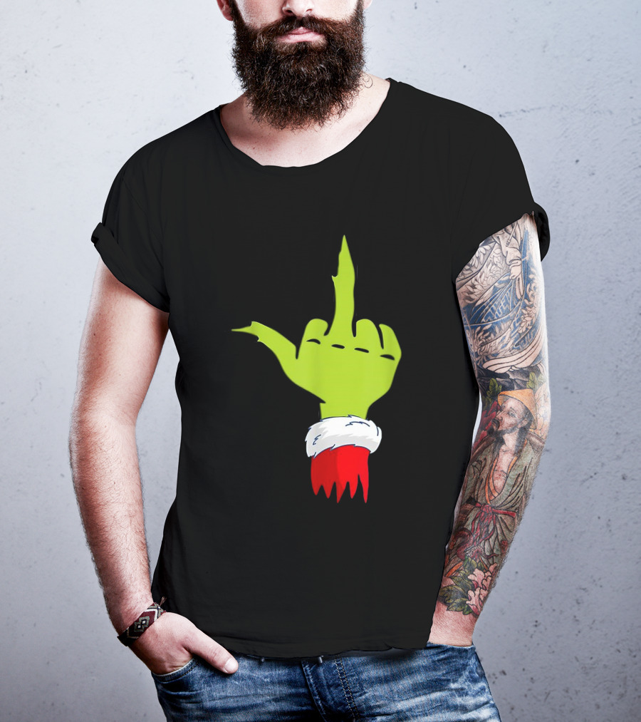 Grinch Middle Finger Merry Christmas Santa Hand Gesture T-Shirt
