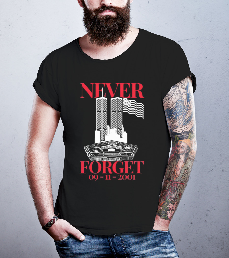 NEVER FORGET 09 11 2001 Twin Towers Pentagon American Flag T-Shirt