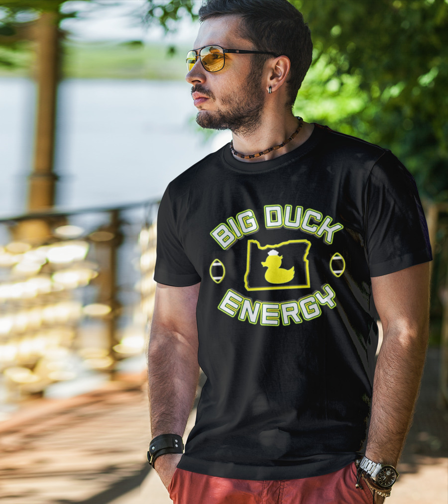 Big Duck Energy Oregon Duck Football Bold Text With Map And Yellow Duck T-Shirt