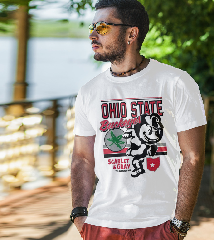 Ohio State Buckeyes Scarlet And Gray Buckeyes State Vintage Style With Script Logo And Buckeye Leaf T-Shirt