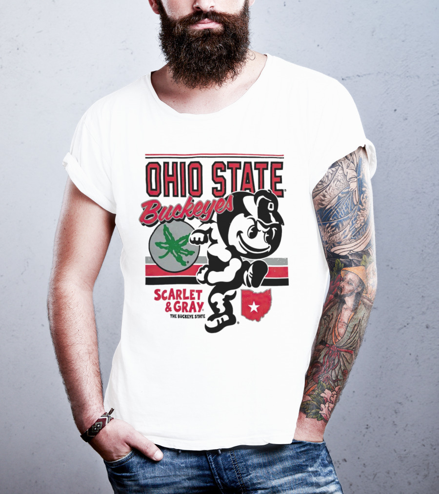 Ohio State Buckeyes Scarlet And Gray Buckeyes State Vintage Style With Script Logo And Buckeye Leaf T-Shirt