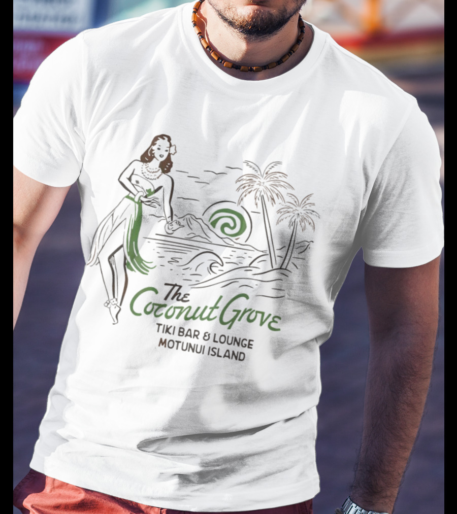 The Coconut Grove Tiki Bar And Lounge Motunui Island Woman With Palm Trees And Waves T-Shirt