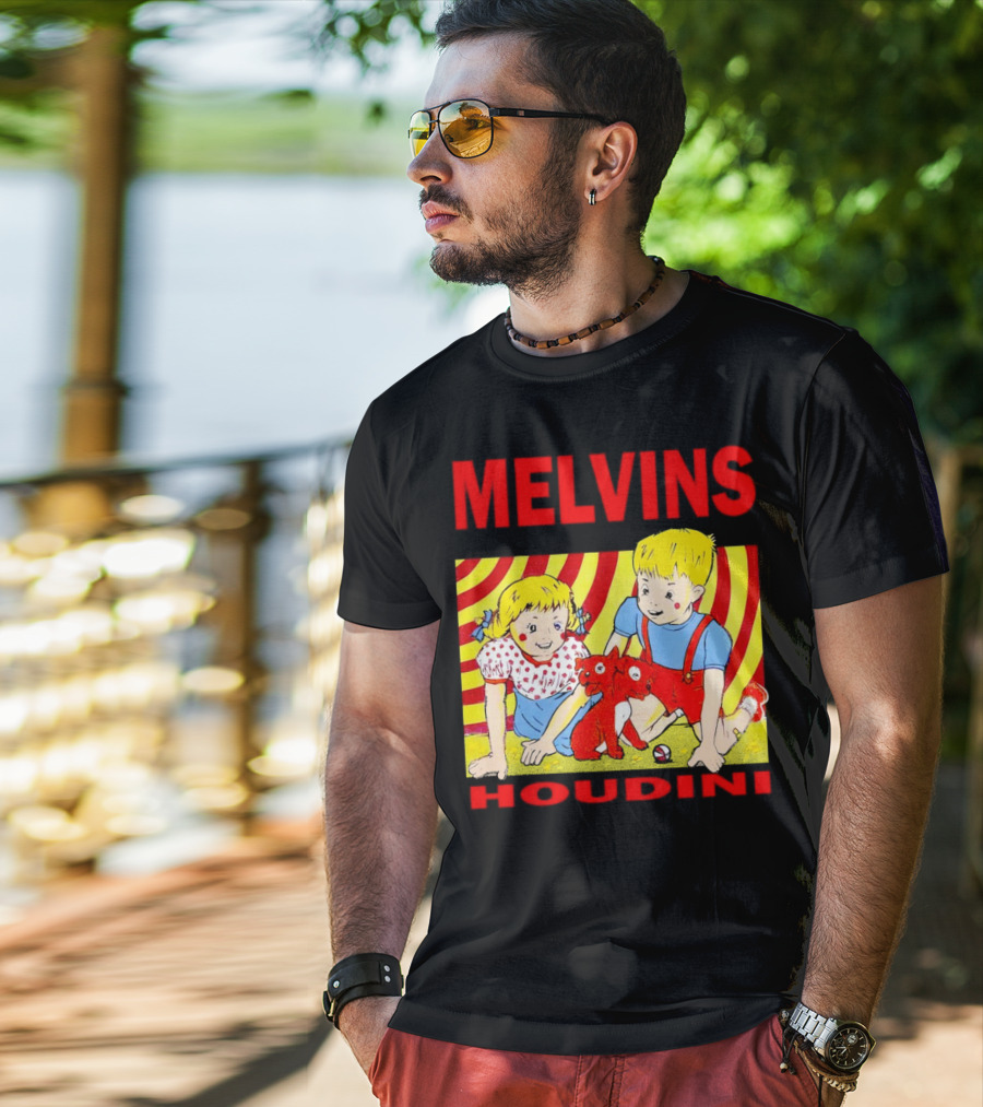 Melvins Houdini Late 00s Jerks Kids With Red Dog And Swirling Red Yellow Background T-Shirt