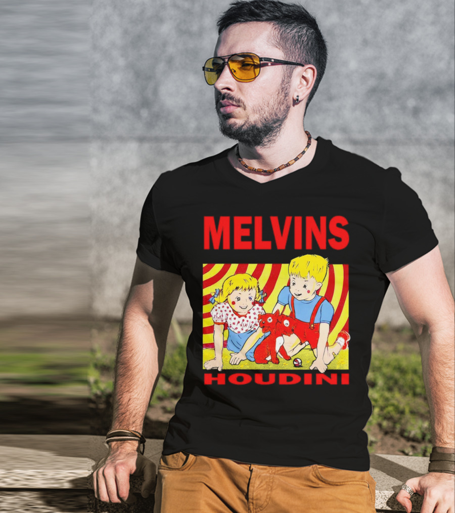 Melvins Houdini Late 00s Jerks Kids With Red Dog And Swirling Red Yellow Background T-Shirt