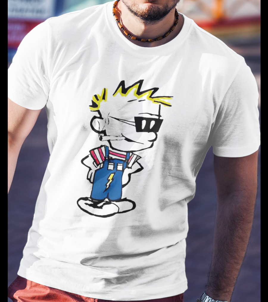 Calvin And Hobbes Spaceman Spiff Lightning Overalls Yellow Hair Sunglasses T-Shirt