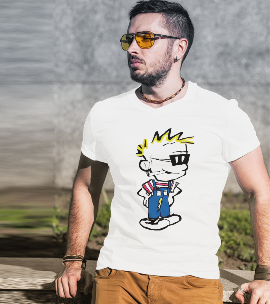 Calvin And Hobbes Spaceman Spiff Lightning Overalls Yellow Hair Sunglasses T-Shirt