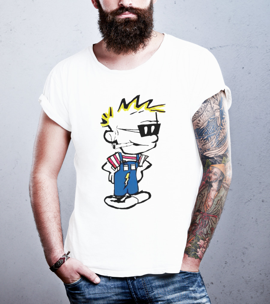 Calvin And Hobbes Spaceman Spiff Lightning Overalls Yellow Hair Sunglasses T-Shirt