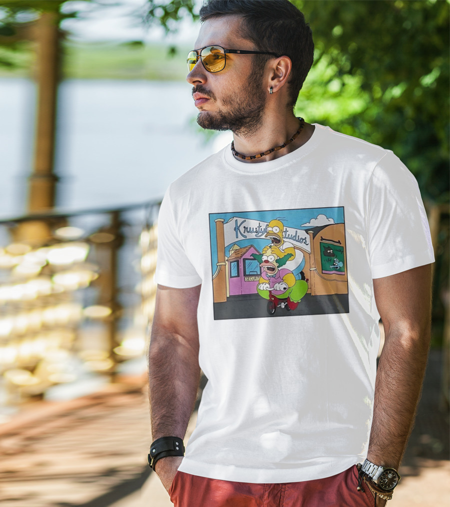 Krustyland Studios With Homer And Krusty The Clown On Bicycle From The Simpsons T-Shirt