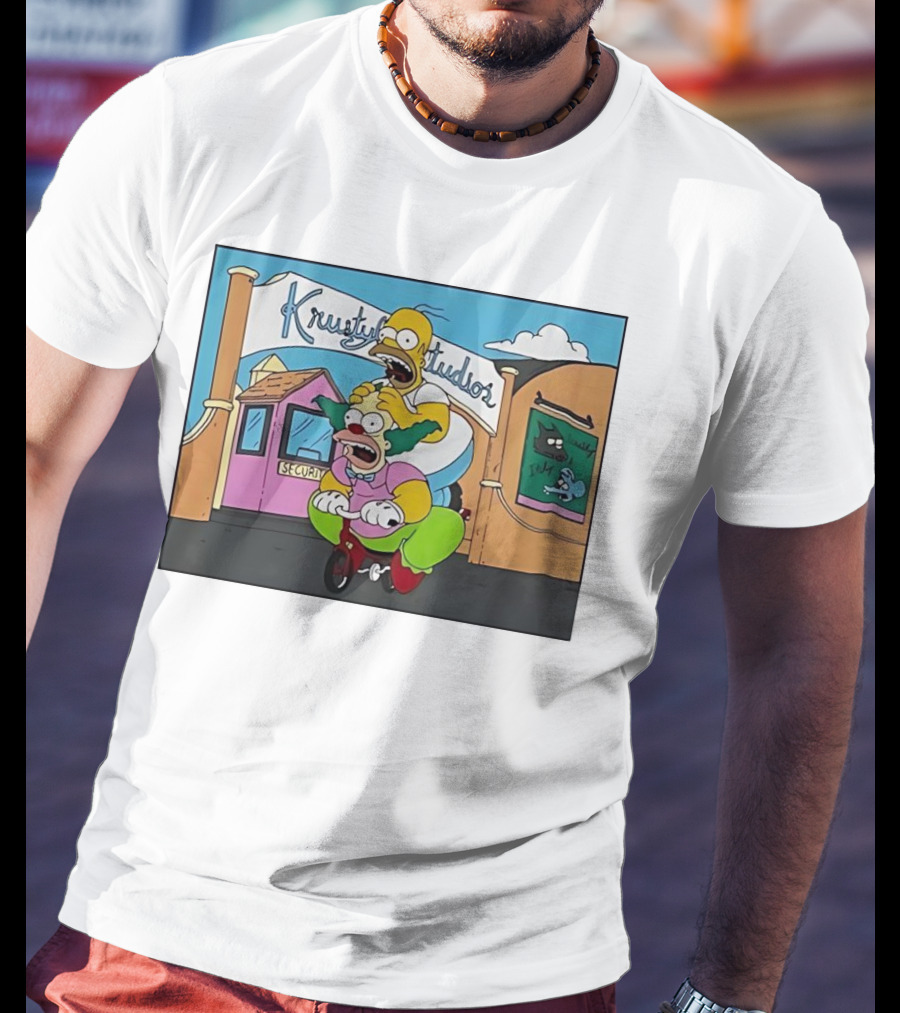 Krustyland Studios With Homer And Krusty The Clown On Bicycle From The Simpsons T-Shirt