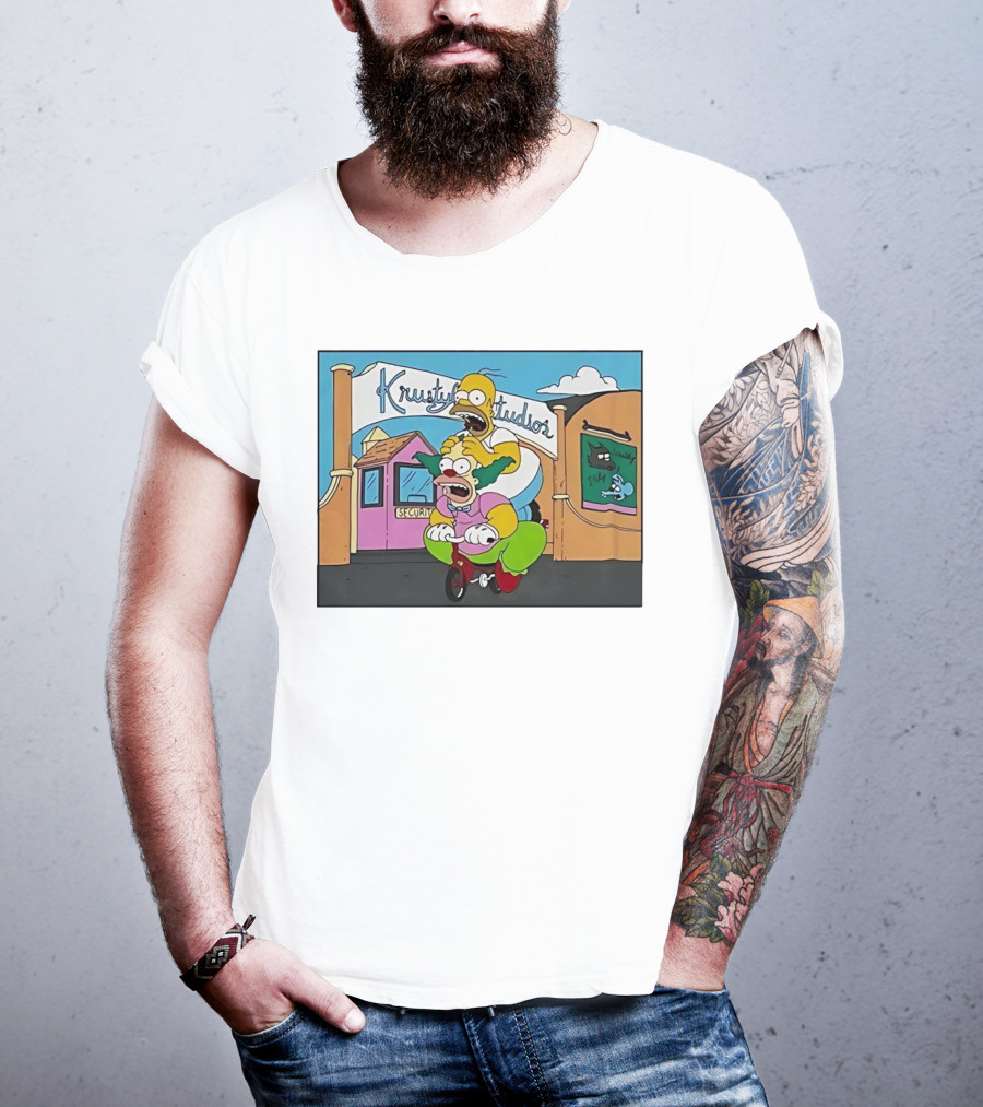 Krustyland Studios With Homer And Krusty The Clown On Bicycle From The Simpsons T-Shirt