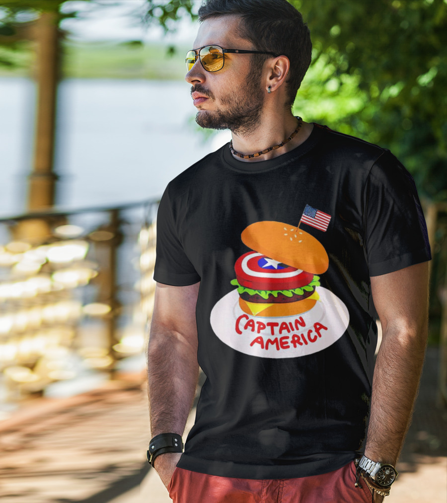 Captain America Burger With Flag And Shield Lettuce Bun T-Shirt