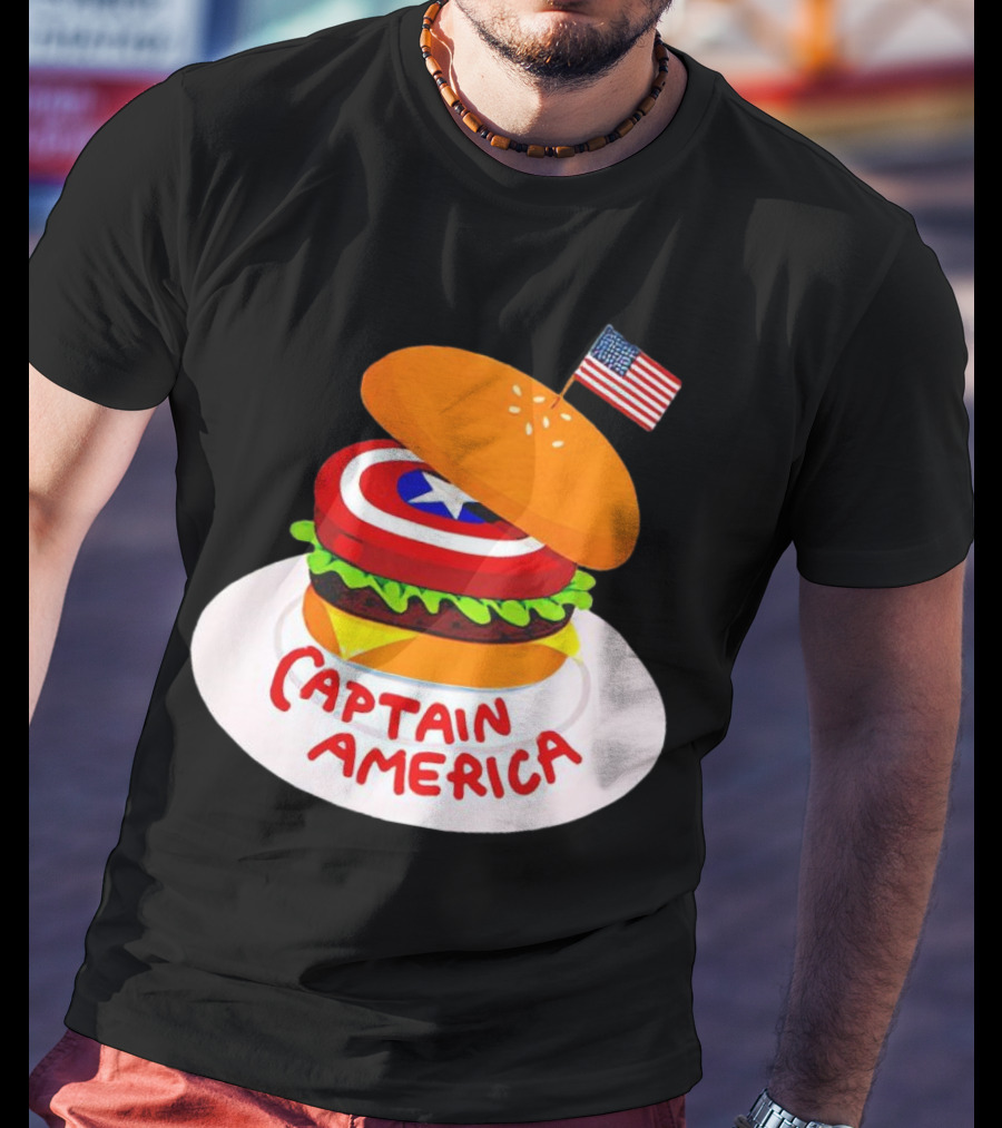 Captain America Burger With Flag And Shield Lettuce Bun T-Shirt
