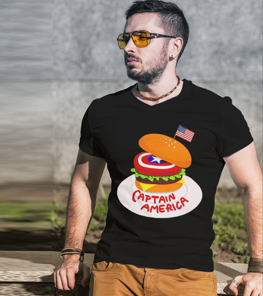Captain America Burger With Flag And Shield Lettuce Bun T-Shirt