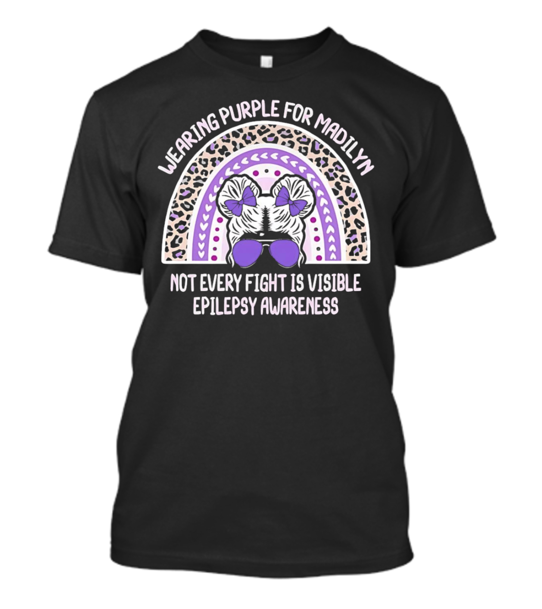 Wearing Purple For Madilyn Not Every Fight Is Visible Epilepsy Awareness Rainbow Leopard Print Glasses Bows T-Shirt