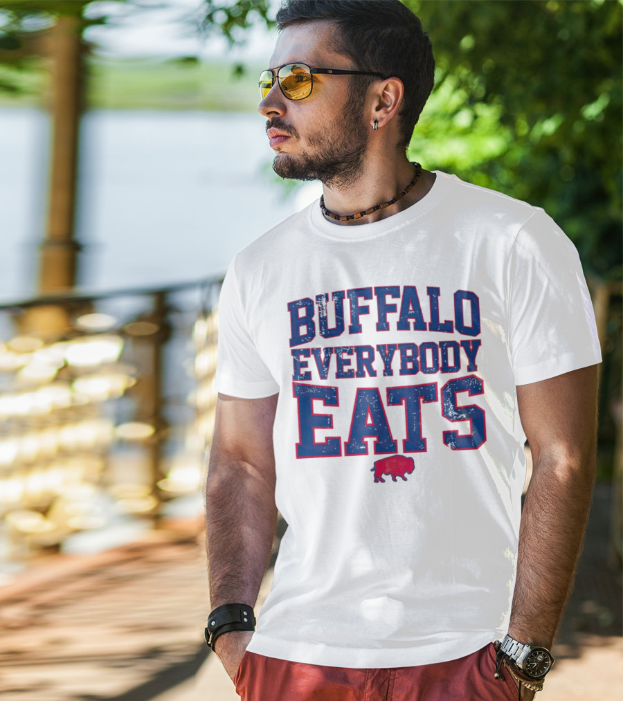 Buffalo Everybody Eats Red Bison Icon Bold Blue Letters T-Shirt